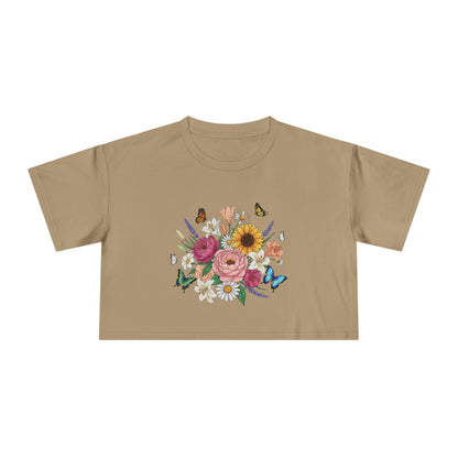 Floral Bouquet Crop Tee — Sunflower & Butterfly Garden Top