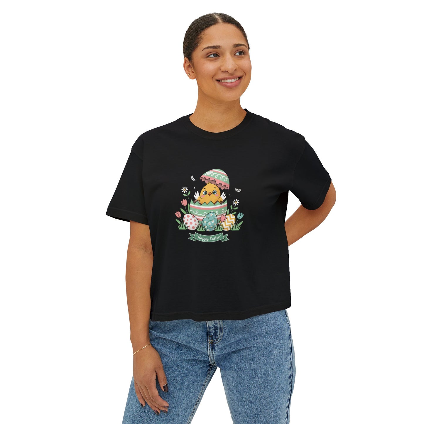 Easter Chick Boxy Tee — Cute Hatching Chick Graphic Women's Crop T-Shirt