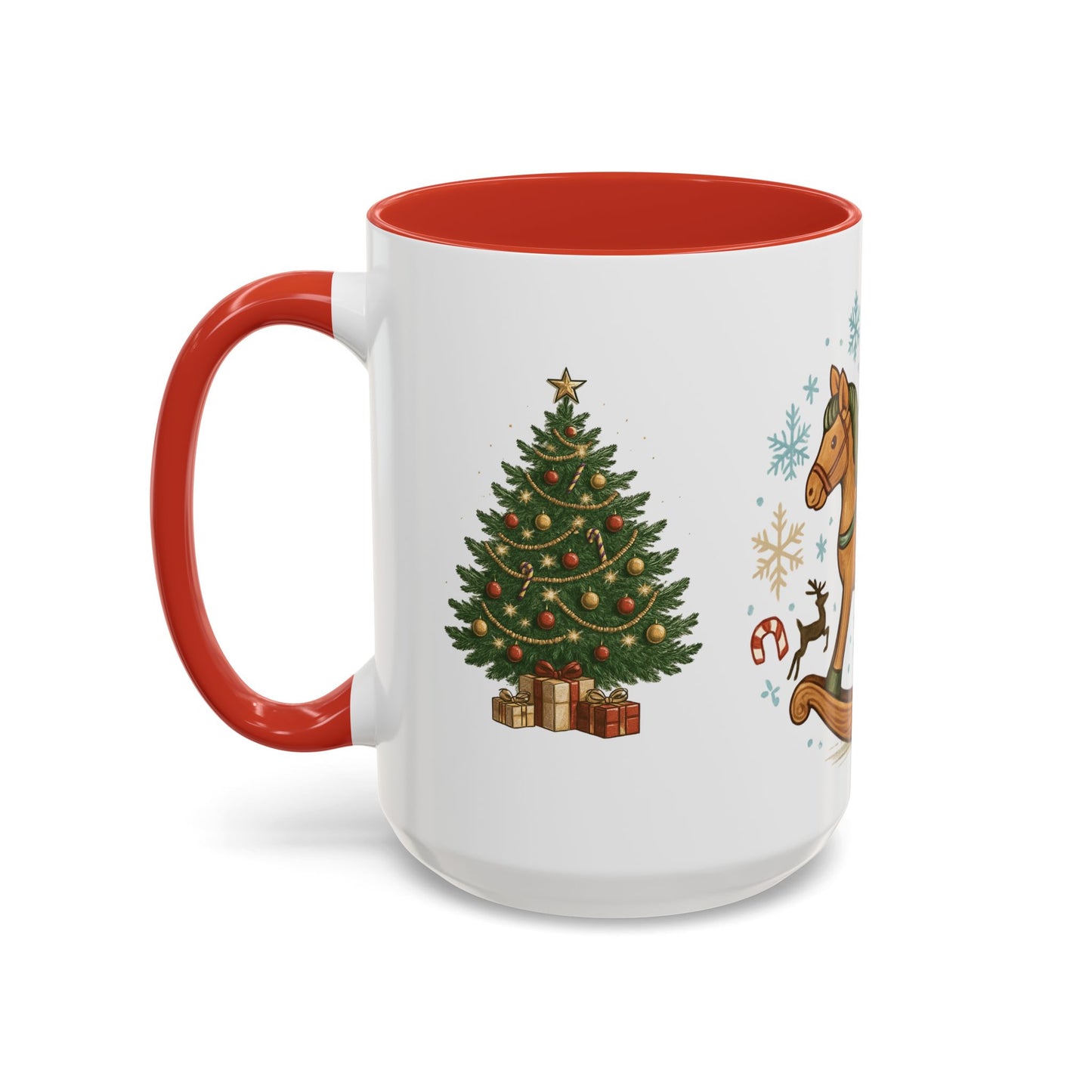 Christmas Rocking Horse Coffee Mug — Festive Tree & Candy Cane Holiday Mug (11/15oz)