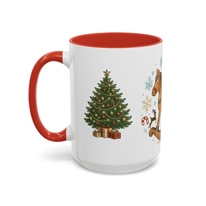 Christmas Rocking Horse Coffee Mug — Festive Tree & Candy Cane Holiday Mug (11/15oz)