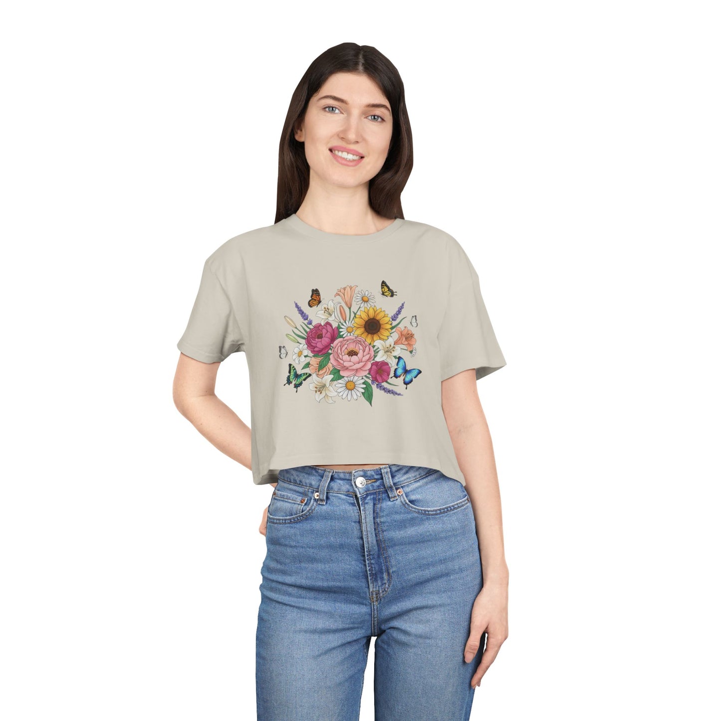 Floral Bouquet Crop Tee — Sunflower & Butterfly Garden Top