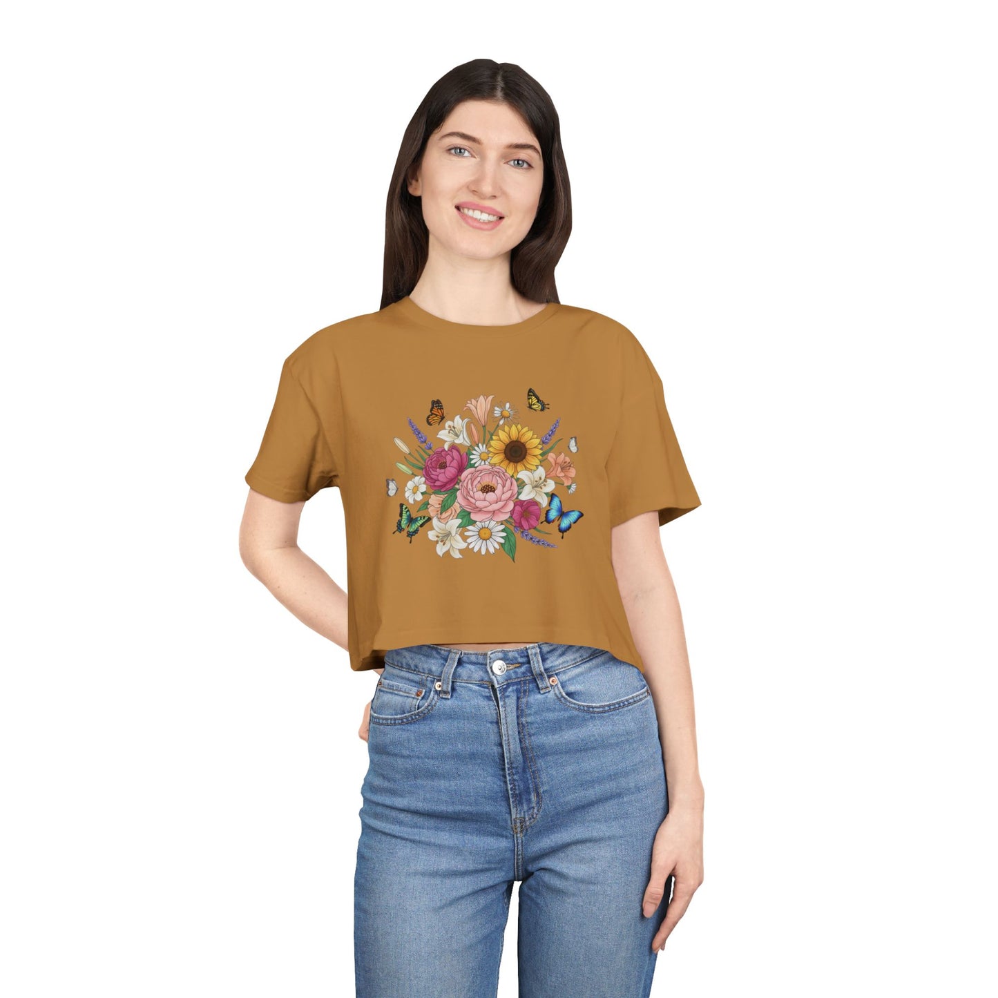 Floral Bouquet Crop Tee — Sunflower & Butterfly Garden Top