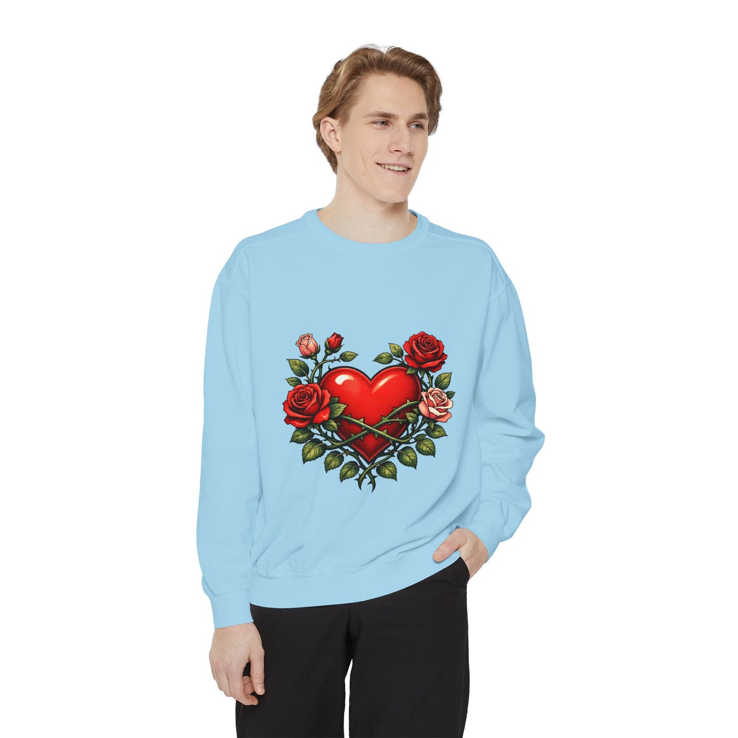 Heart & Roses Sweatshirt — Vintage Tattoo Style Valentine Pullover