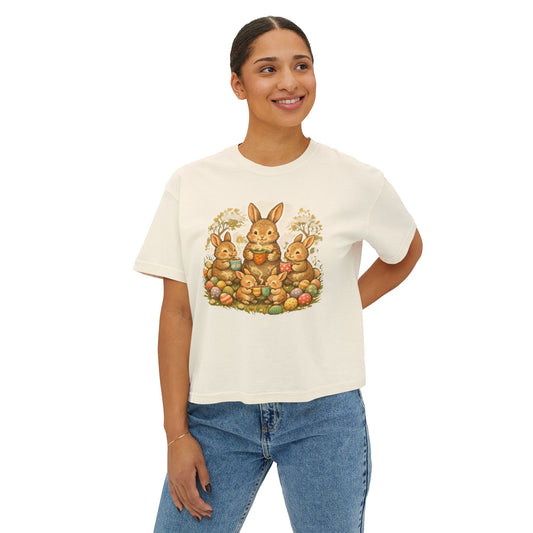 Easter Bunny Family Women's Boxy Tee — Cute Vintage Rabbits & Easter Eggs
