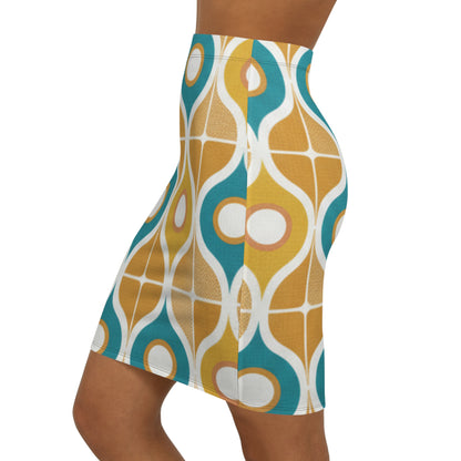 Retro Geometric Pencil Skirt — 60s Mod Teal & Mustard Print