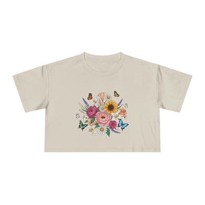 Floral Bouquet Crop Tee — Sunflower & Butterfly Garden Top