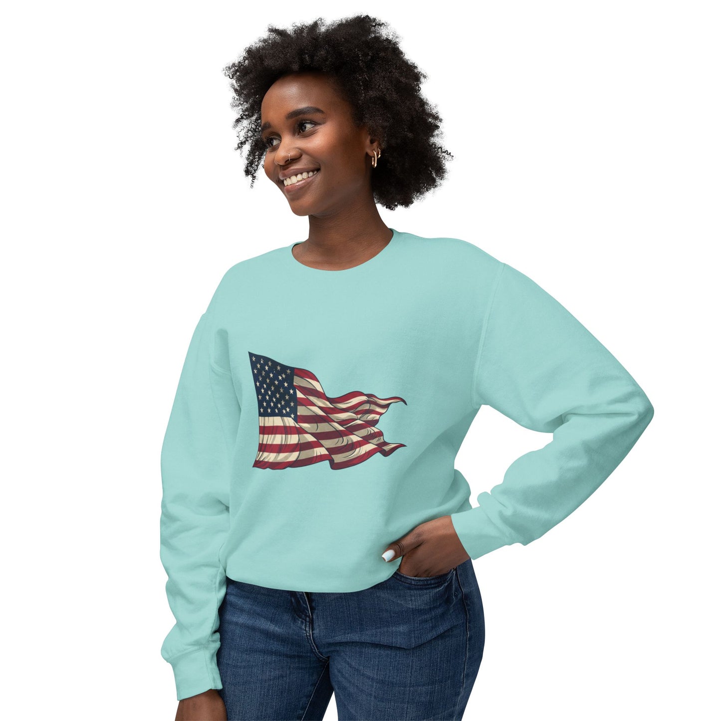 American Flag Crewneck Sweatshirt — Vintage Waving USA Graphic