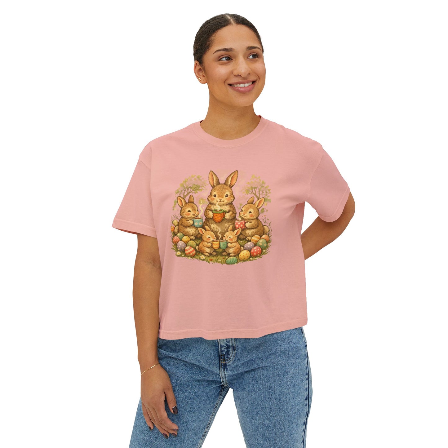 Easter Bunny Family Women's Boxy Tee — Cute Vintage Rabbits & Easter Eggs