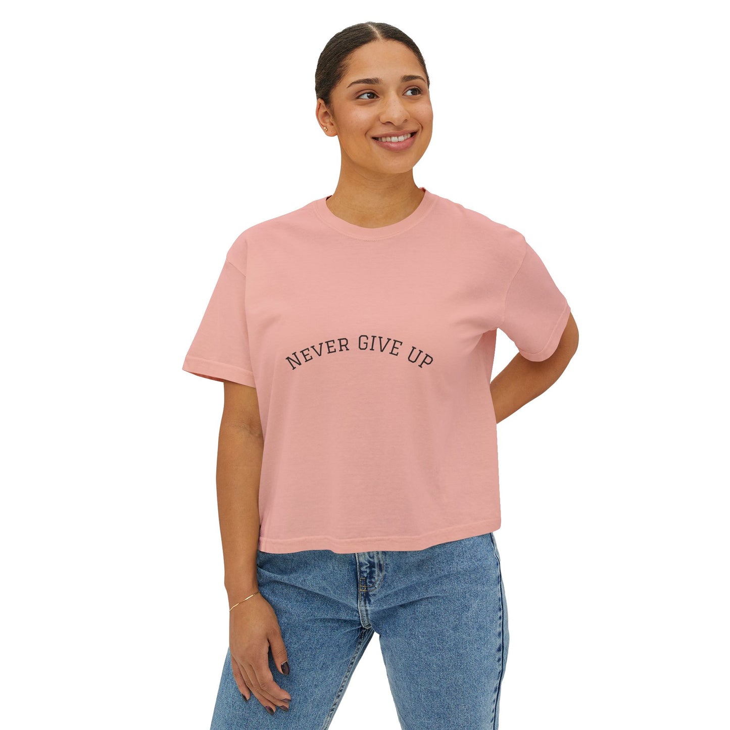 Never Give Up Boxy Tee — Women's Inspirational Cropped T-Shirt