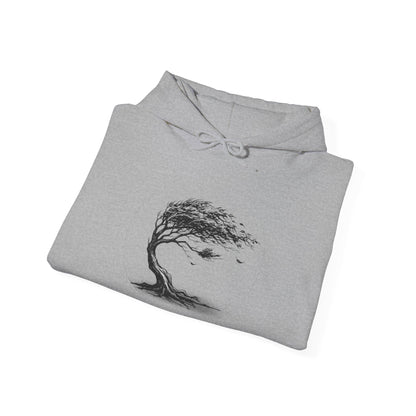 Windswept Tree Hoodie – Minimal Black Ink Nature Pullover