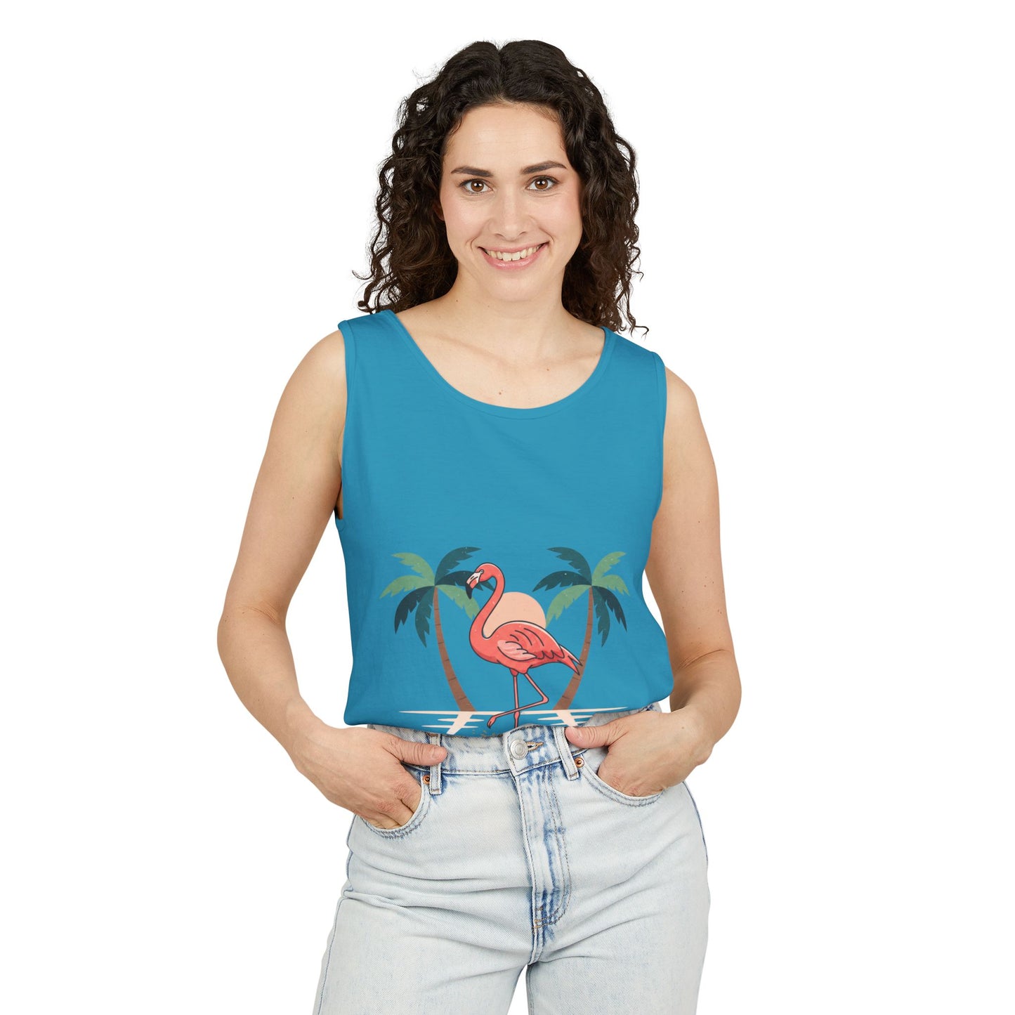 Flamingo Beach Tank Top — Tropical Palm Vacation Graphic Tank