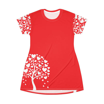 Heart Tree Dress - Red All-Over Print T-Shirt Dress for Valentine's & Casual Wear