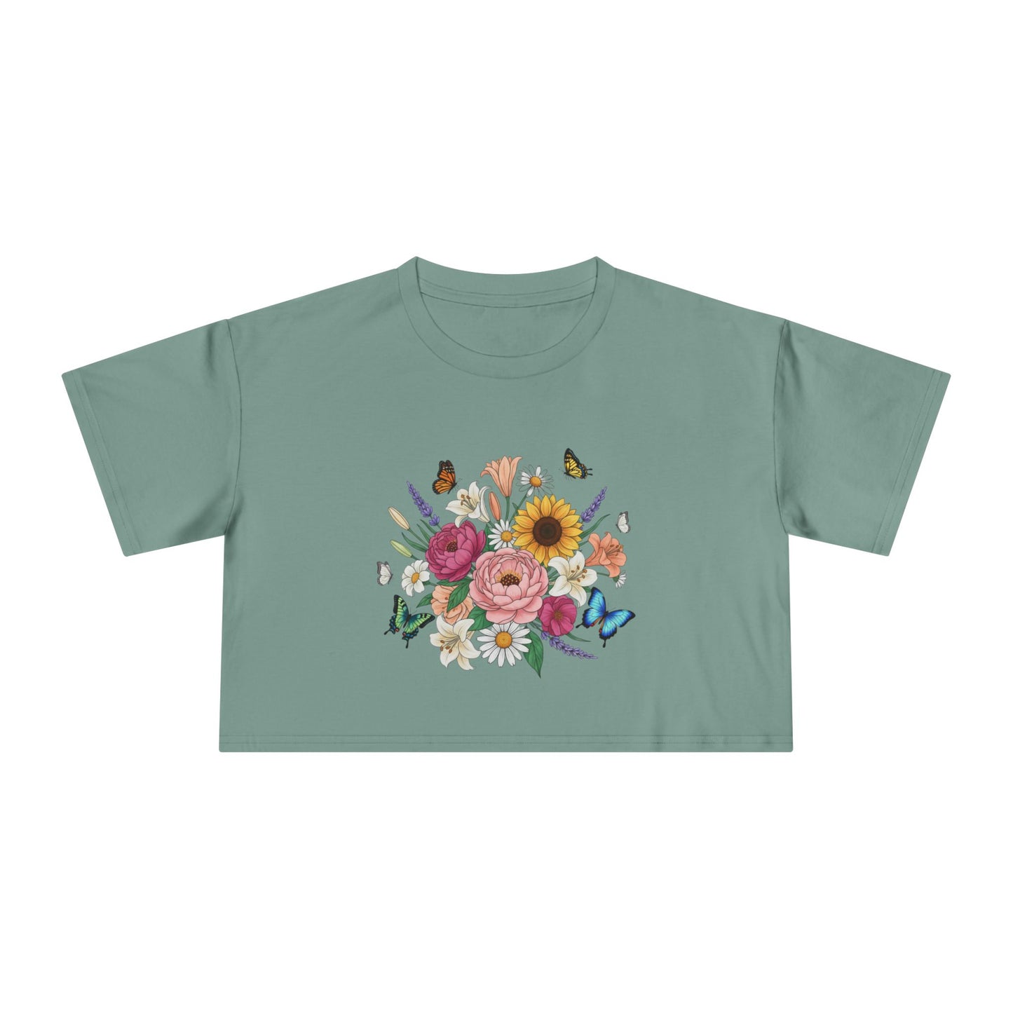 Floral Bouquet Crop Tee — Sunflower & Butterfly Garden Top
