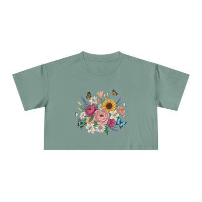 Floral Bouquet Crop Tee — Sunflower & Butterfly Garden Top