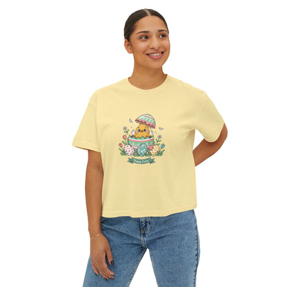 Easter Chick Boxy Tee — Cute Hatching Chick Graphic Women's Crop T-Shirt