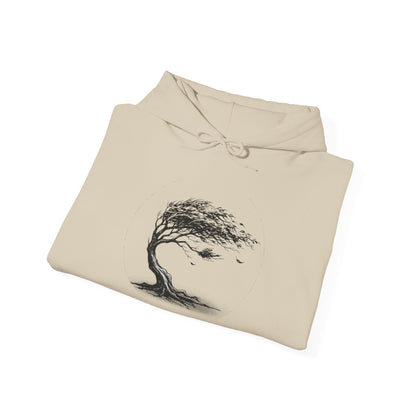 Windswept Tree Hoodie – Minimal Black Ink Nature Pullover