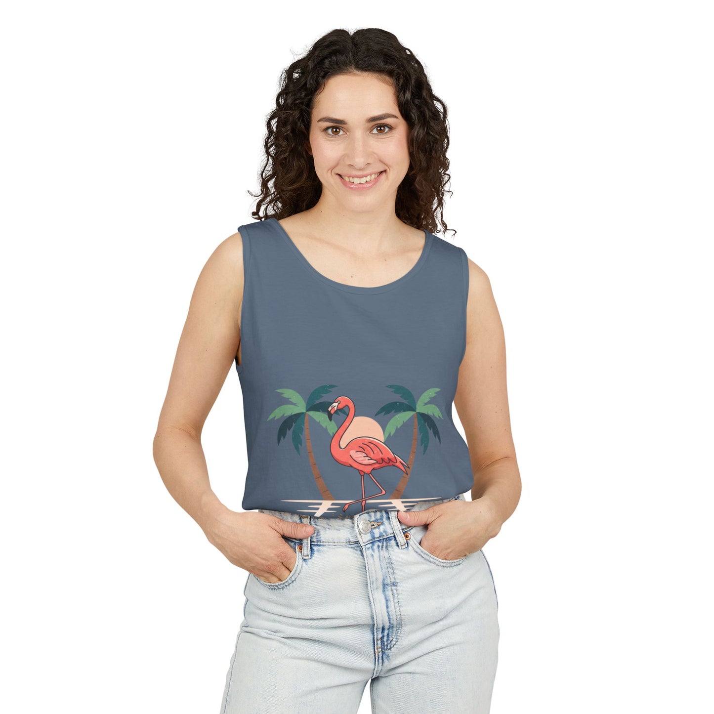 Flamingo Beach Tank Top — Tropical Palm Vacation Graphic Tank