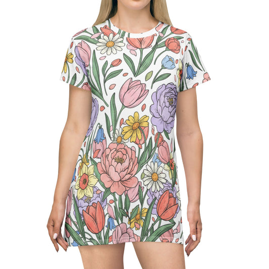 Floral All-Over Print T-Shirt Dress — Pastel Spring Garden Pattern