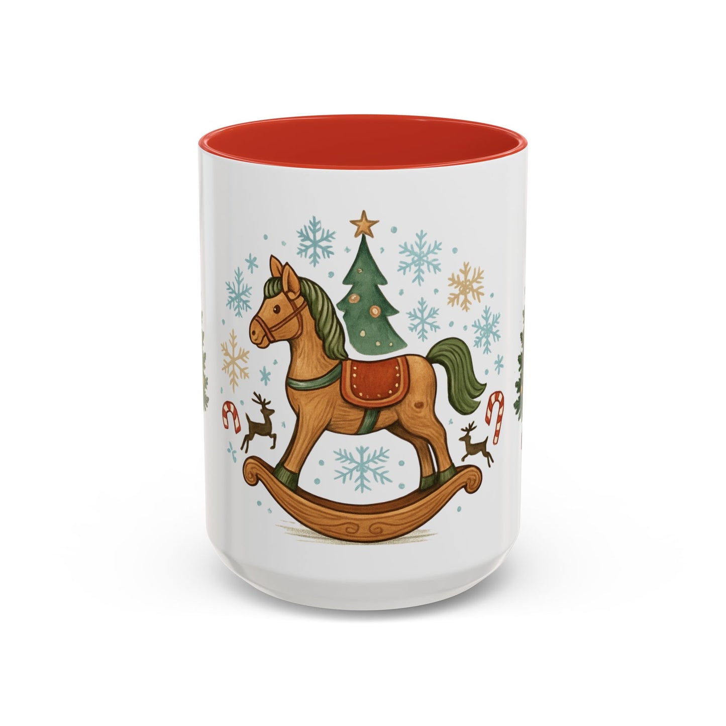 Christmas Rocking Horse Coffee Mug — Festive Tree & Candy Cane Holiday Mug (11/15oz)