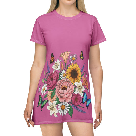 Floral Butterfly T‑Shirt Dress — Pink Bouquet Garden Dress