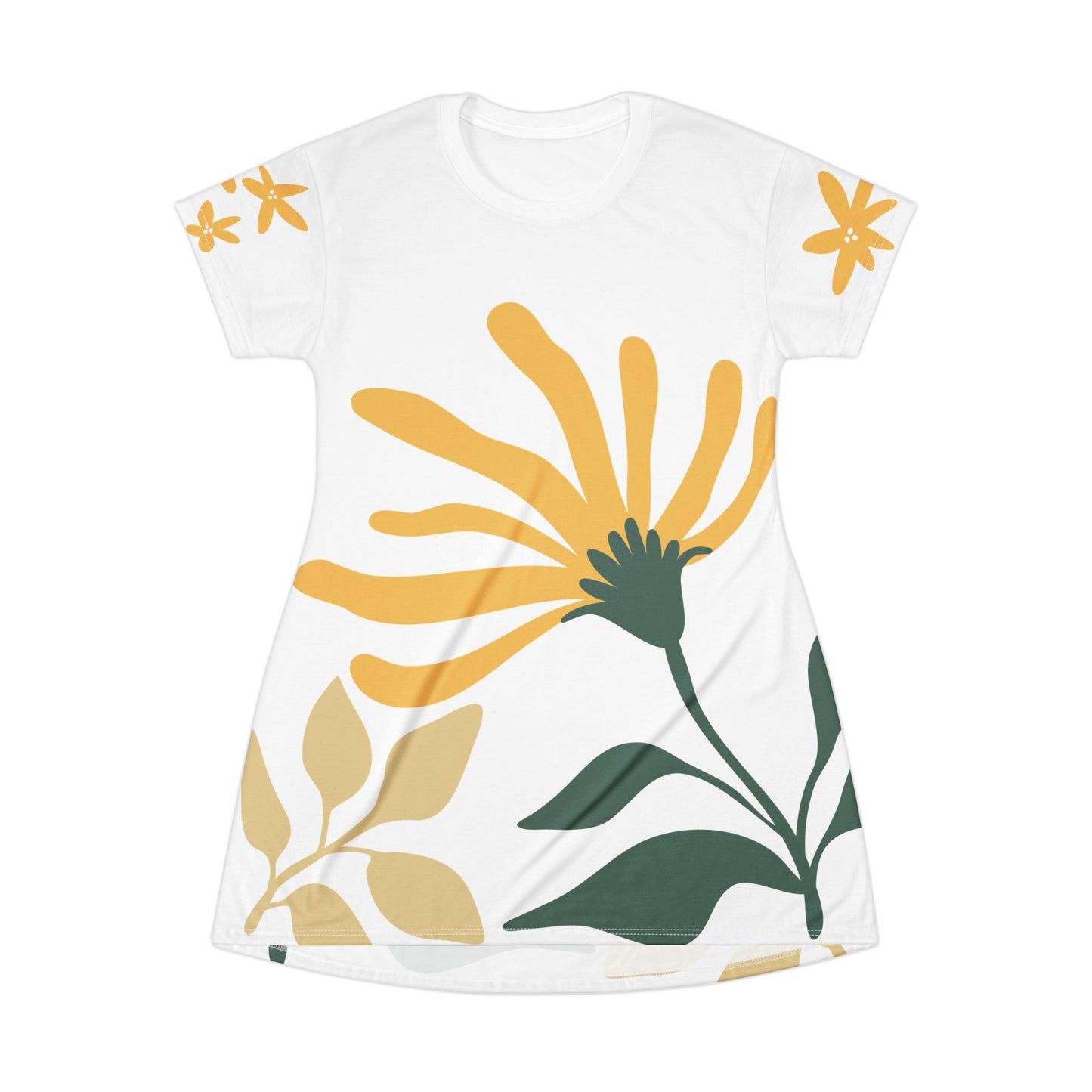 Floral A-Line T-Shirt Dress — Yellow Daisy All-Over Print