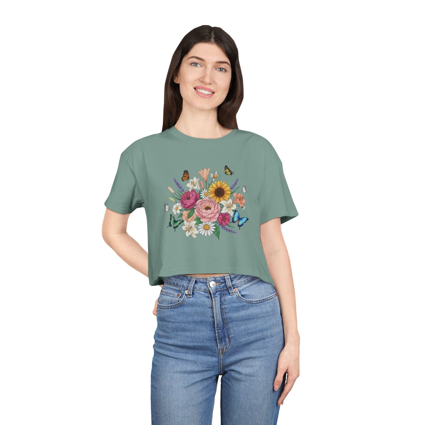 Floral Bouquet Crop Tee — Sunflower & Butterfly Garden Top