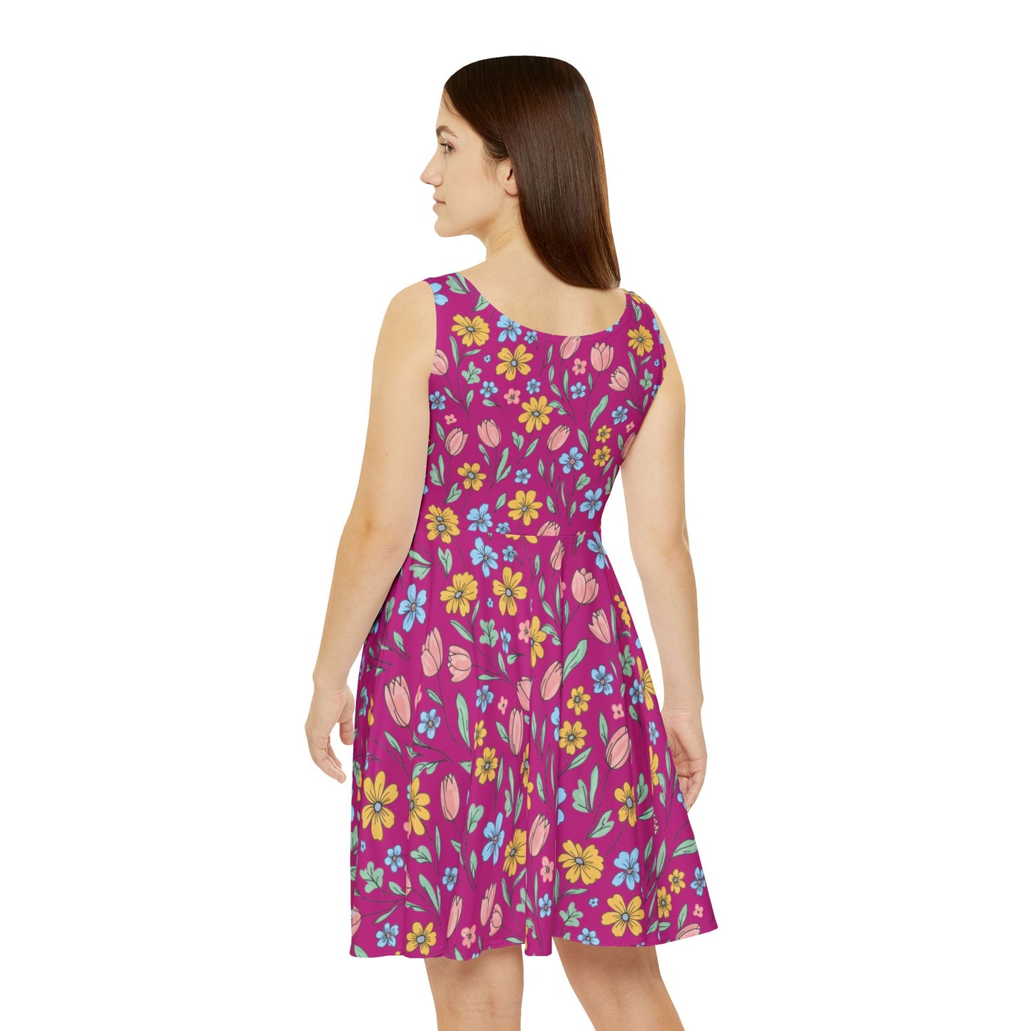 Floral Pink Skater Dress - Bright Spring Tulip & Ditsy Flower Print