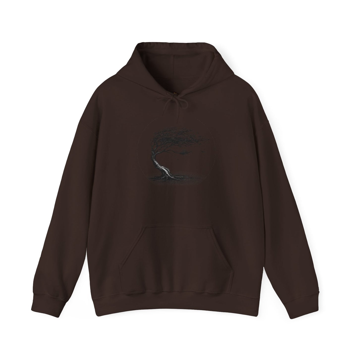 Windswept Tree Hoodie – Minimal Black Ink Nature Pullover