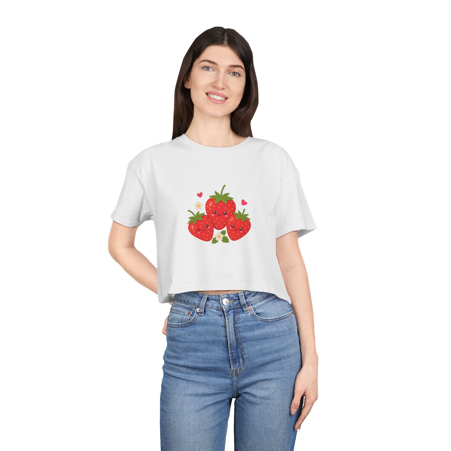 Strawberry Trio Women's Crop Tee — Cute Fruit Graphic Summer Top