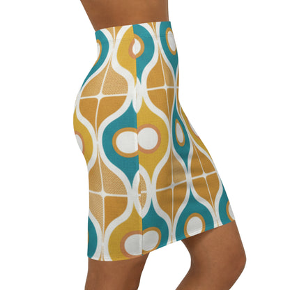 Retro Geometric Pencil Skirt — 60s Mod Teal & Mustard Print