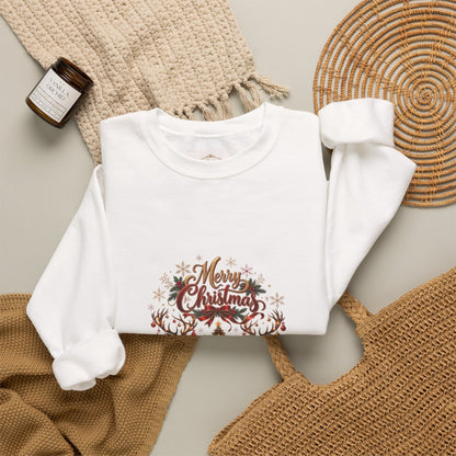 Merry Christmas Reindeer & Christmas Tree Sweatshirt – Festive Holiday Crewneck with Decorative Sleeves