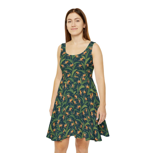 Tropical Bird of Paradise Skater Dress — Floral All-Over-Print Summer Dress