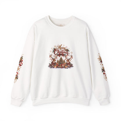 Merry Christmas Reindeer & Christmas Tree Sweatshirt – Festive Holiday Crewneck with Decorative Sleeves