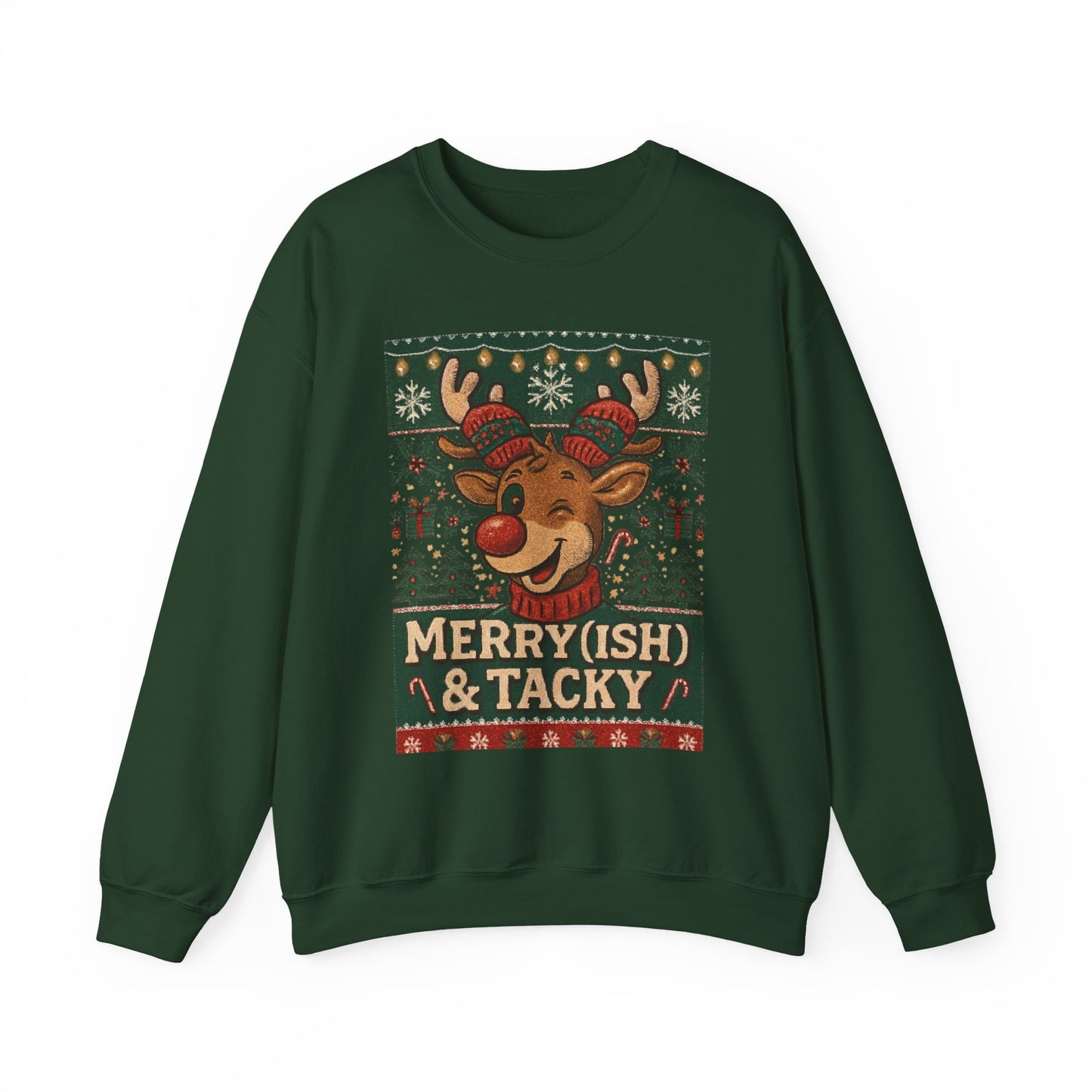 Merry(ish) & Tacky Sweatshirt - Unisex Holiday Crewneck, Christmas Sweater, Ugly Sweater Party, Cozy Gift, Festive Apparel