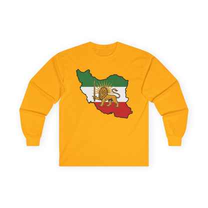 Iran Map Long Sleeve Tee with Lion & Sun Flag — Persian Heritage Shirt
