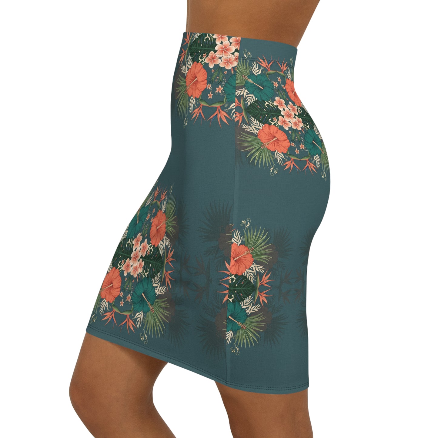 Tropical Floral Pencil Skirt — Teal Hibiscus Mid-Waist Skirt