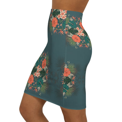 Tropical Floral Pencil Skirt — Teal Hibiscus Mid-Waist Skirt