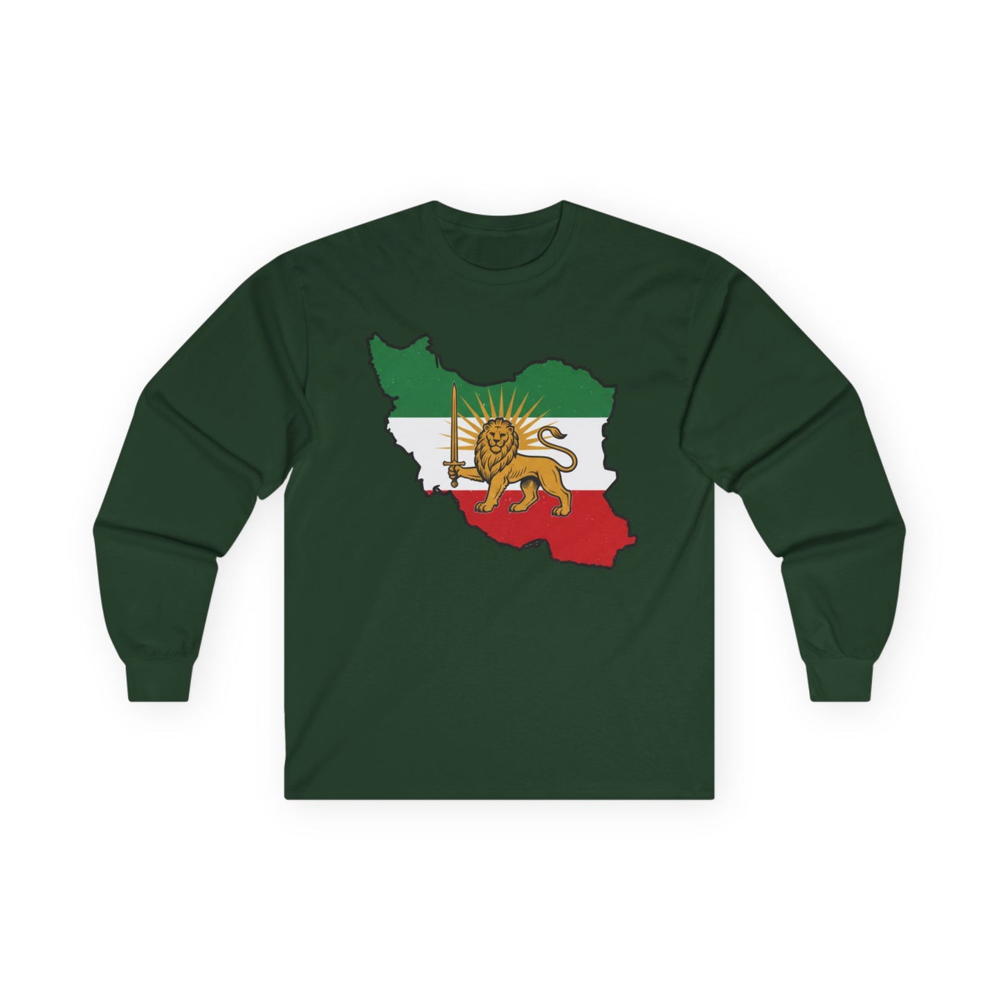 Iran Map Long Sleeve Tee with Lion & Sun Flag — Persian Heritage Shirt