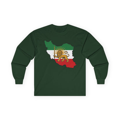 Iran Map Long Sleeve Tee with Lion & Sun Flag — Persian Heritage Shirt