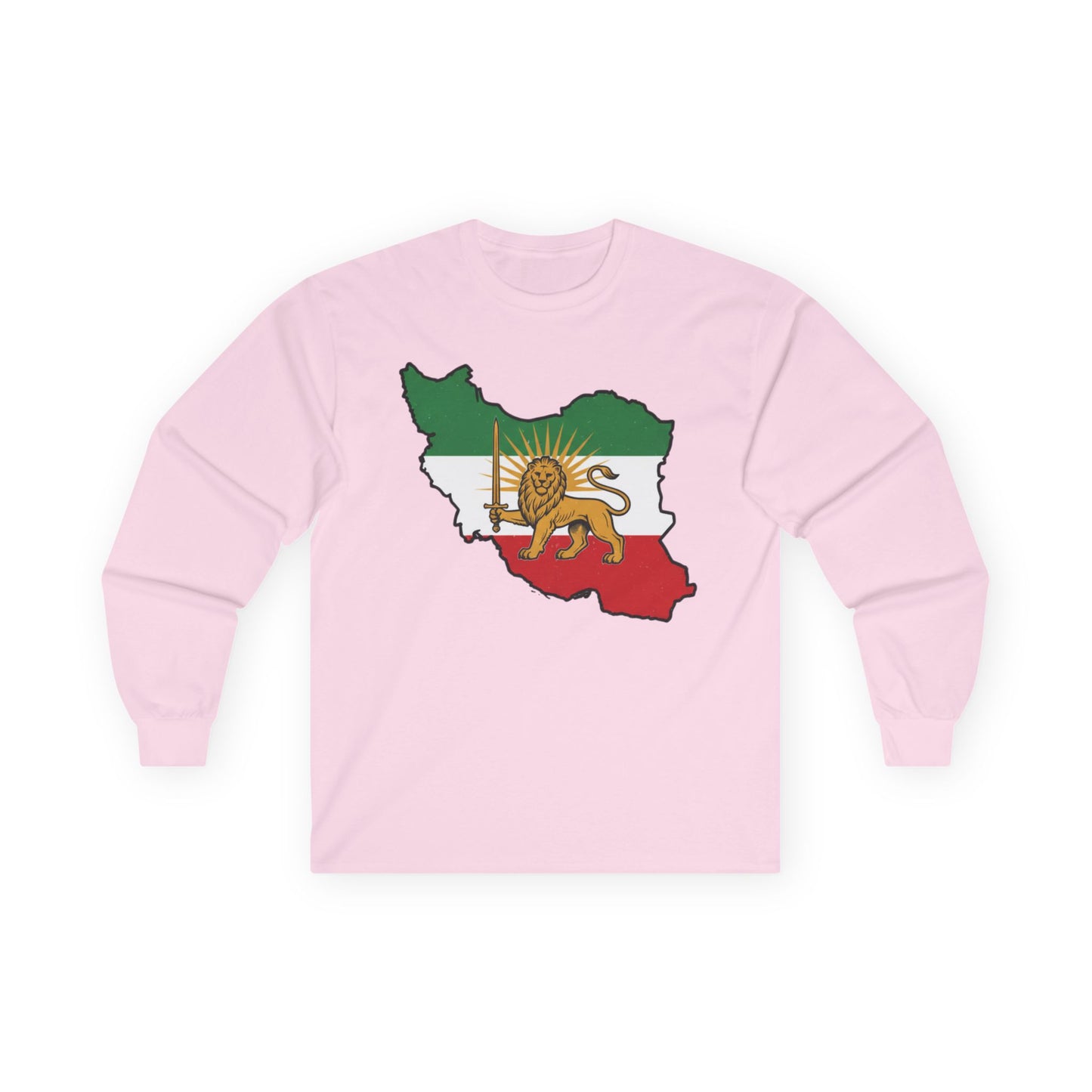 Iran Map Long Sleeve Tee with Lion & Sun Flag — Persian Heritage Shirt