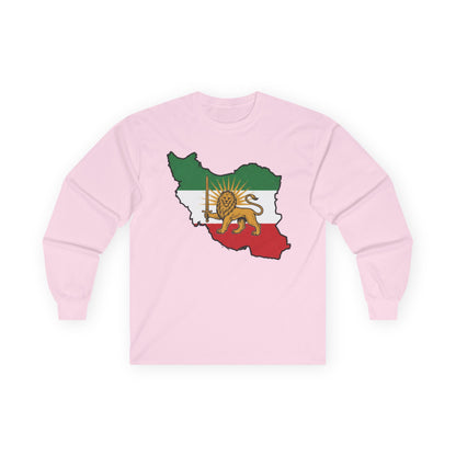 Iran Map Long Sleeve Tee with Lion & Sun Flag — Persian Heritage Shirt