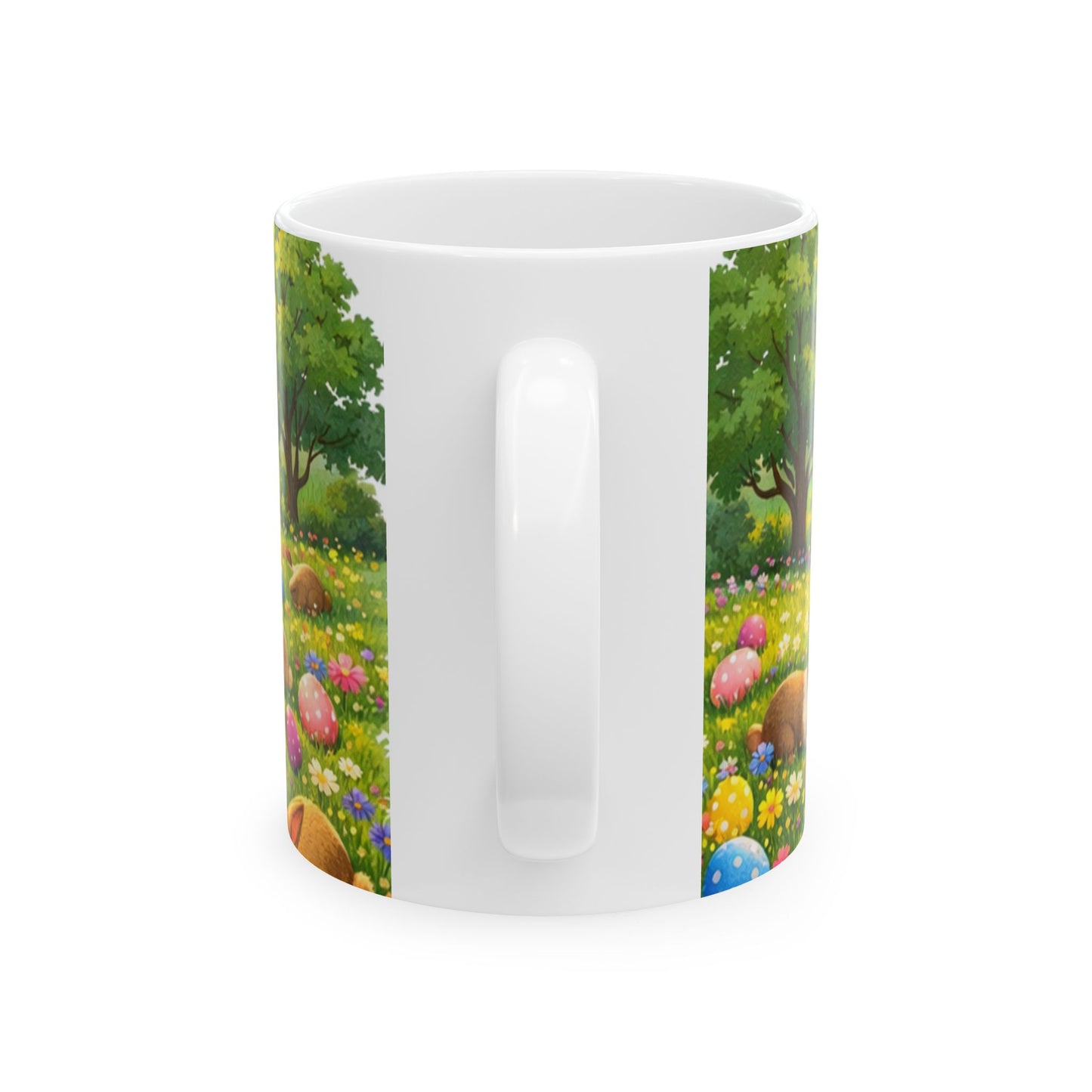 Easter Bunny Meadow Ceramic Mug — Spring Sunrise Rabbits & Colorful Eggs (11oz/15oz)
