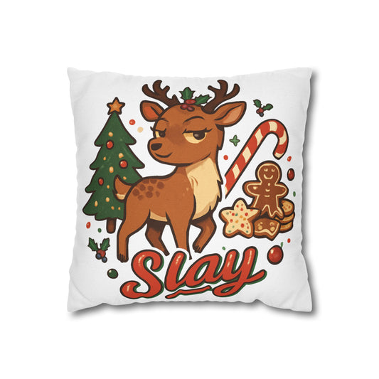 Festive Holiday Pillowcase, Cozy Winter Decor, Christmas Gift, Cute Reindeer Design, Slay Holiday Pillow, Throw Pillow Cover