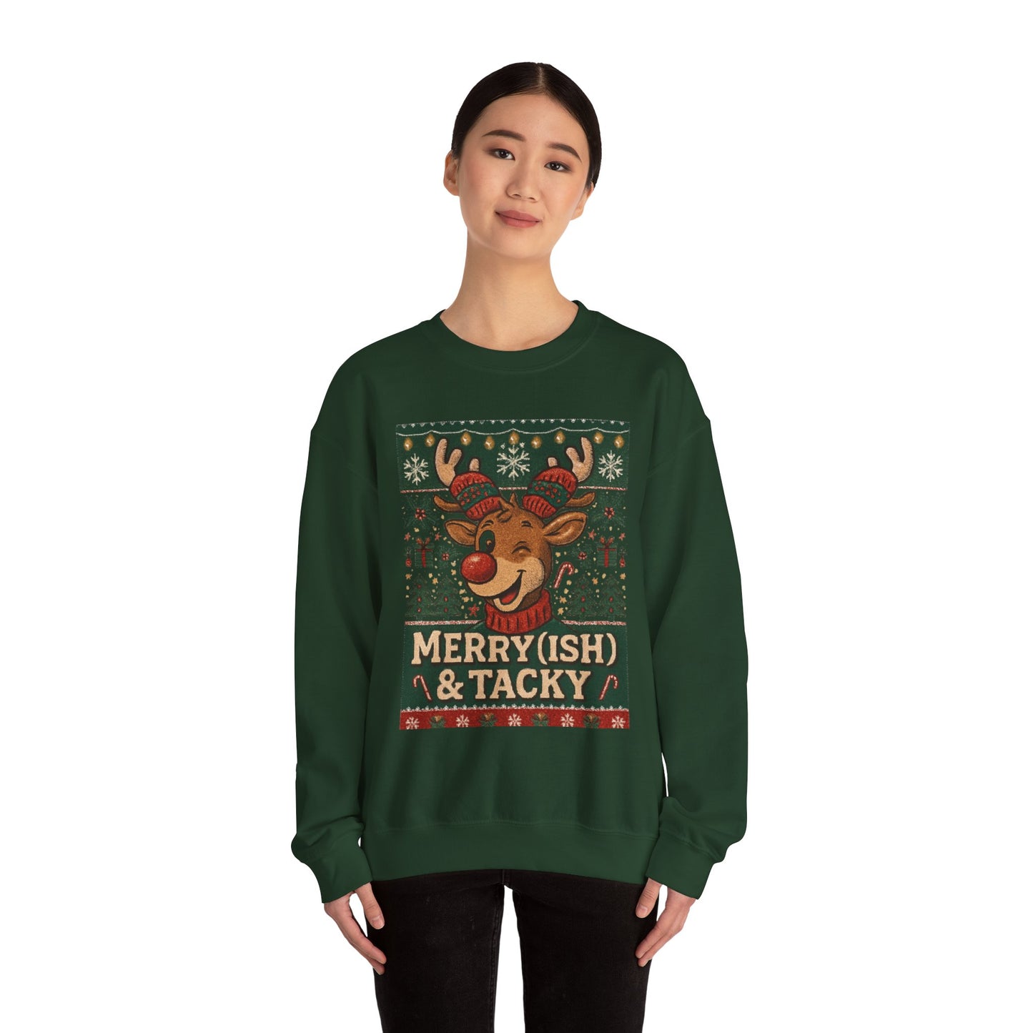 Merry(ish) & Tacky Sweatshirt - Unisex Holiday Crewneck, Christmas Sweater, Ugly Sweater Party, Cozy Gift, Festive Apparel