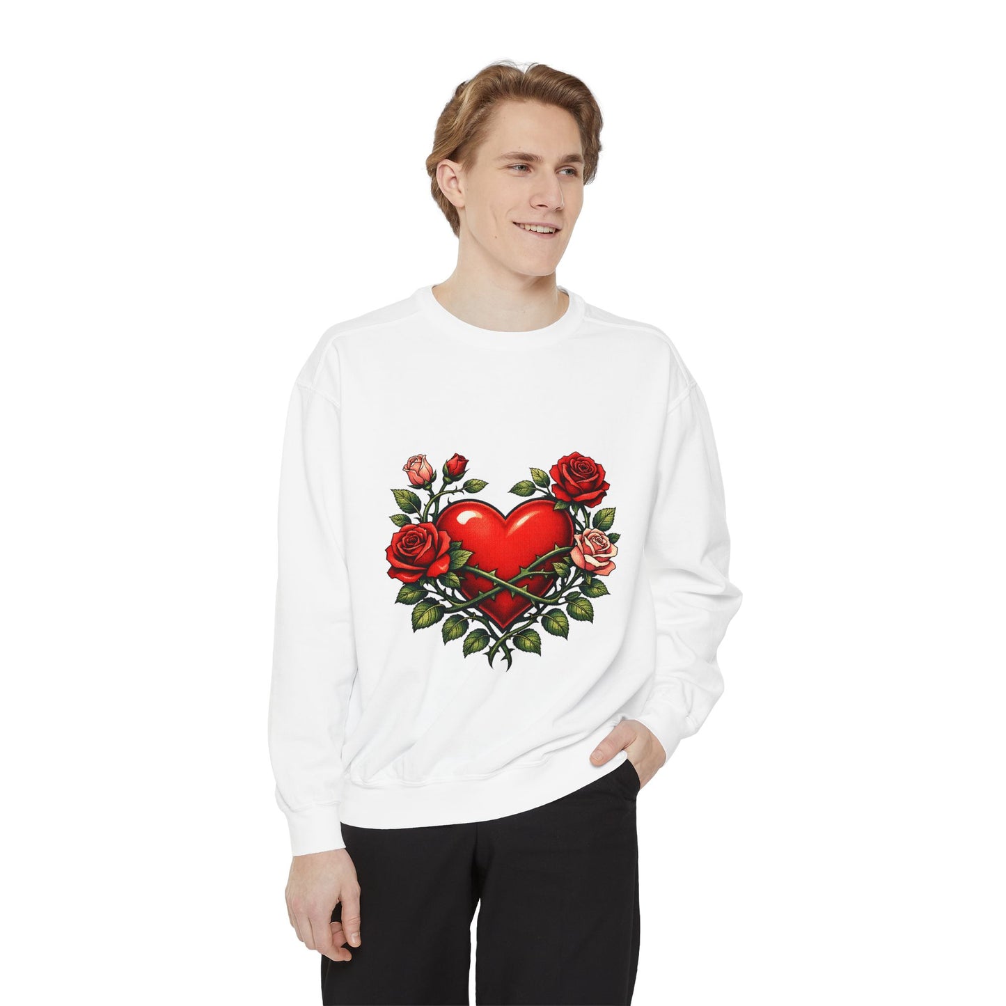 Heart & Roses Sweatshirt — Vintage Tattoo Style Valentine Pullover