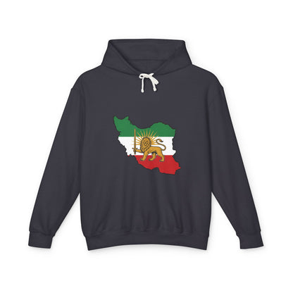 Iran Map Hoodie with Lion and Sun Flag — Persian Heritage Sweatshirt