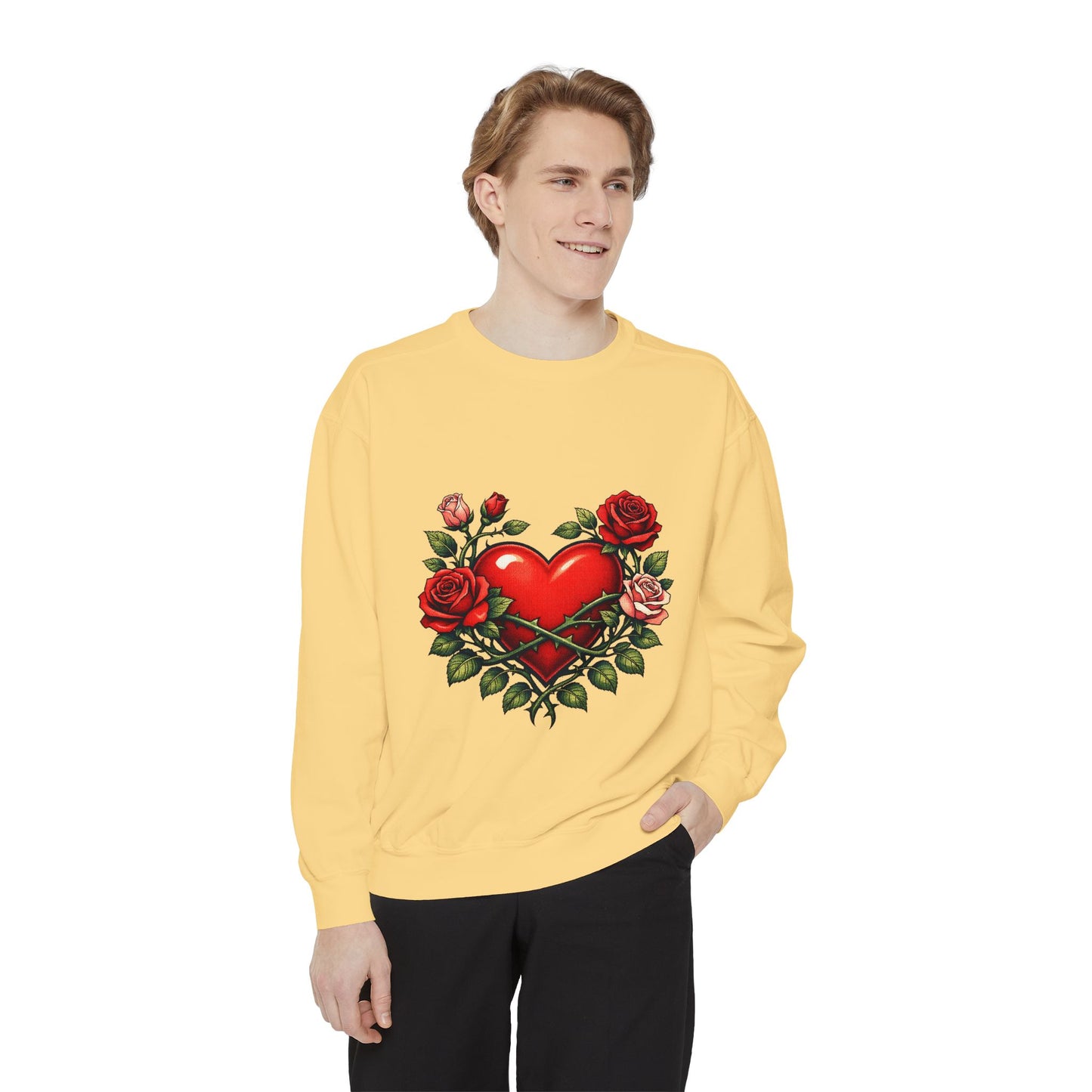 Heart & Roses Sweatshirt — Vintage Tattoo Style Valentine Pullover