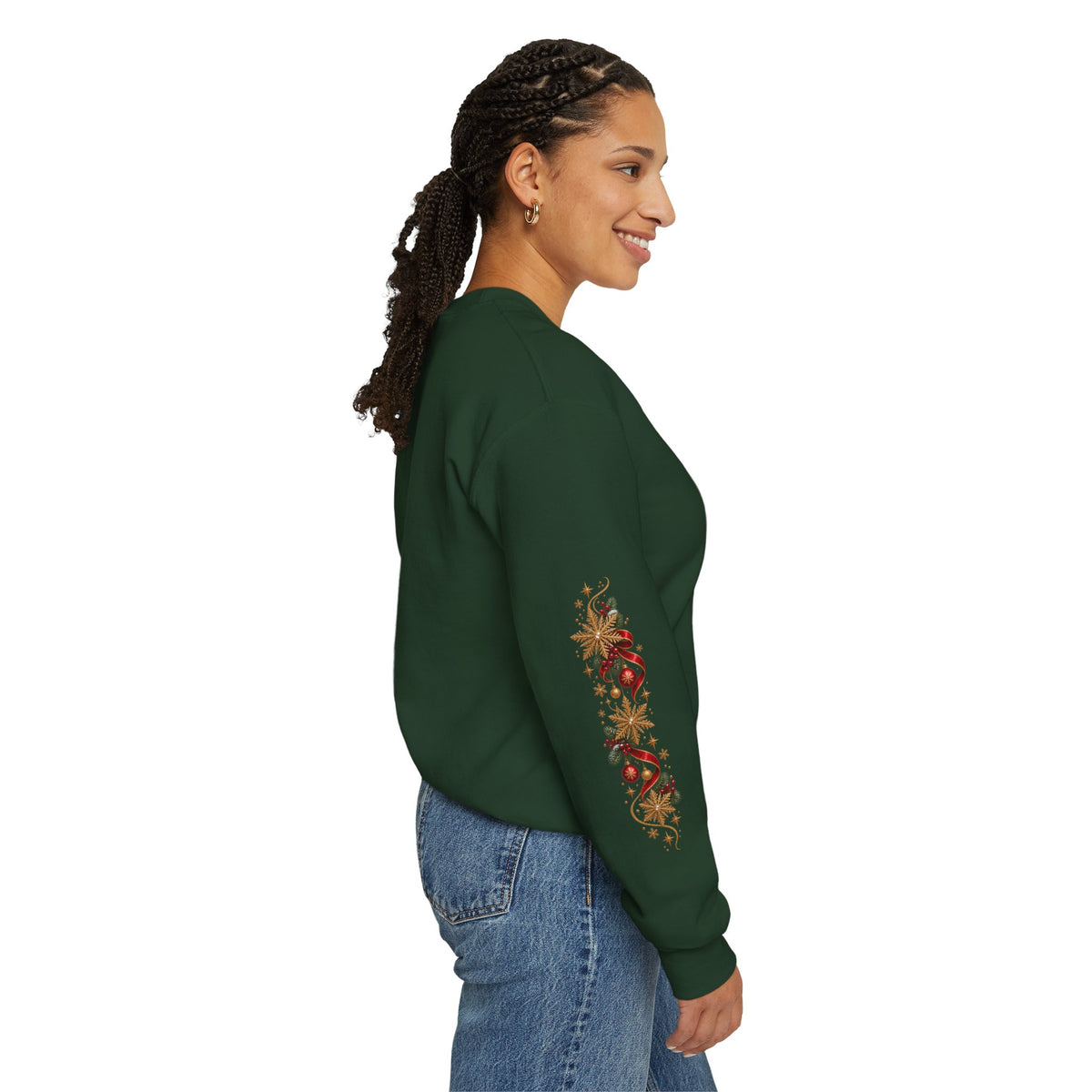 Merry Christmas Reindeer & Christmas Tree Sweatshirt – Festive Holiday Crewneck with Decorative Sleeves