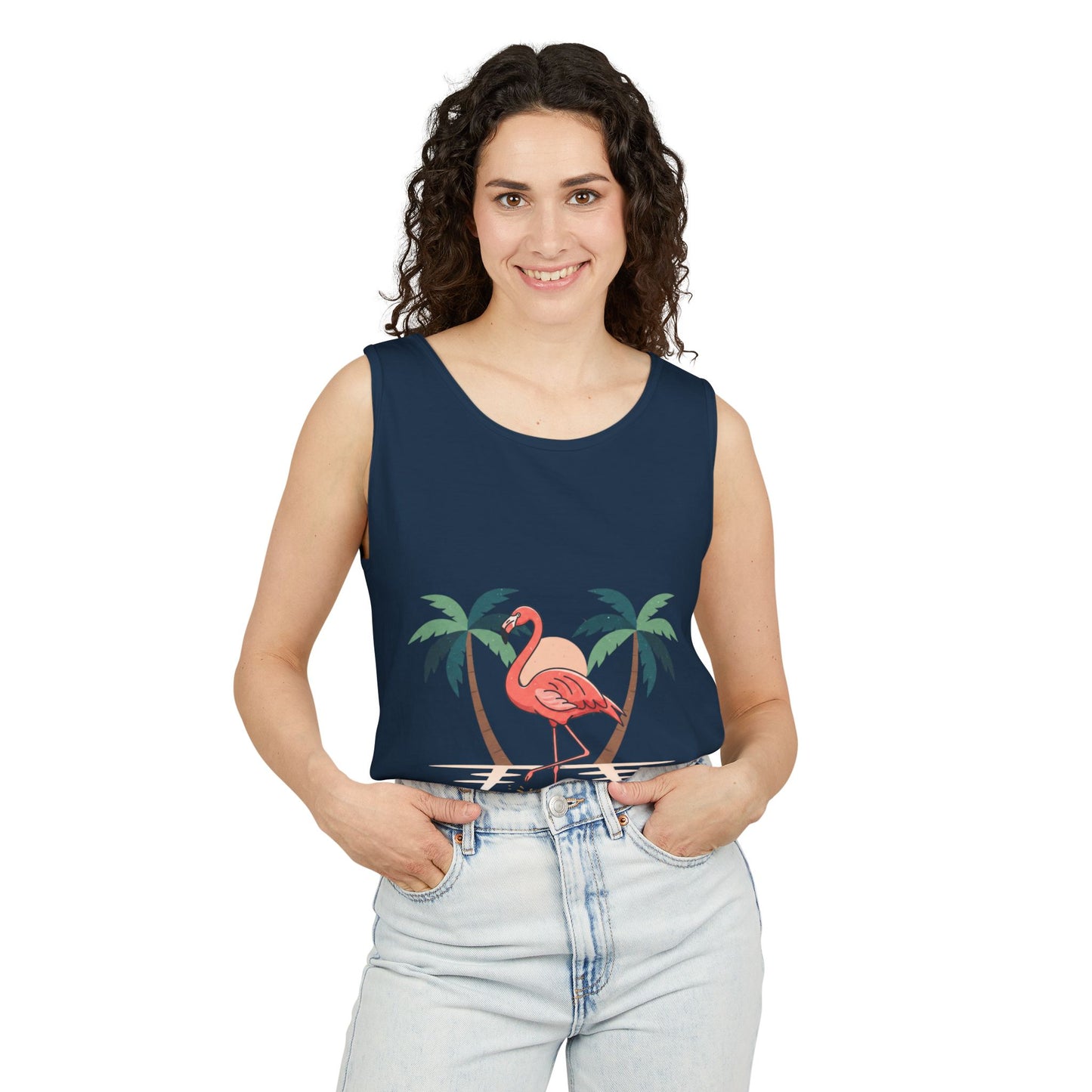 Flamingo Beach Tank Top — Tropical Palm Vacation Graphic Tank