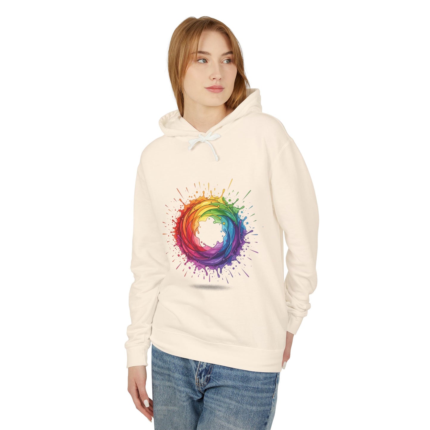 Rainbow Splash Circle Hoodie — Colorful Abstract Pride Pullover